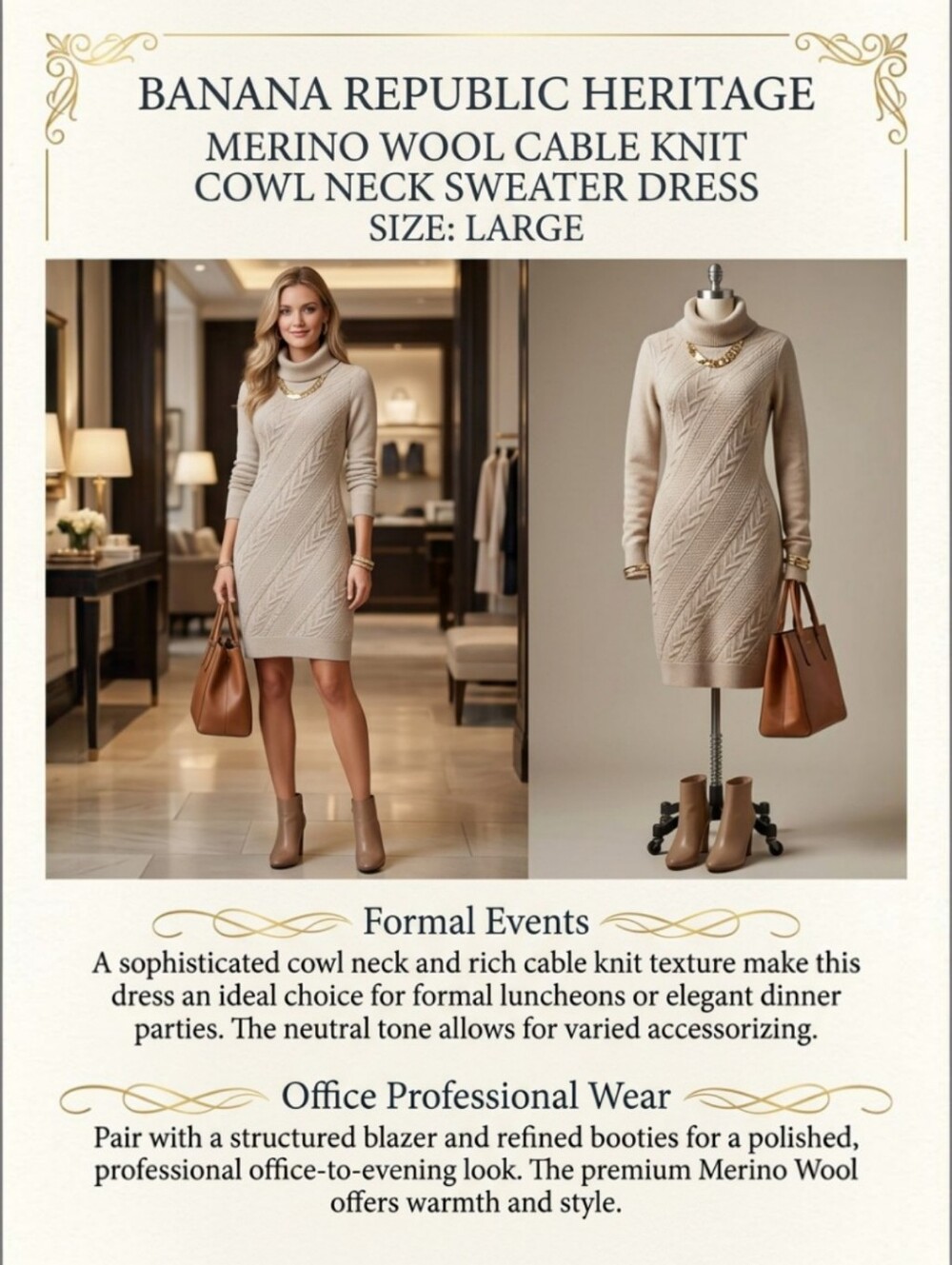 Banana Republic Heritage Merino Wool Cable Knit Cowl Neck Sweater Dress Size Lg